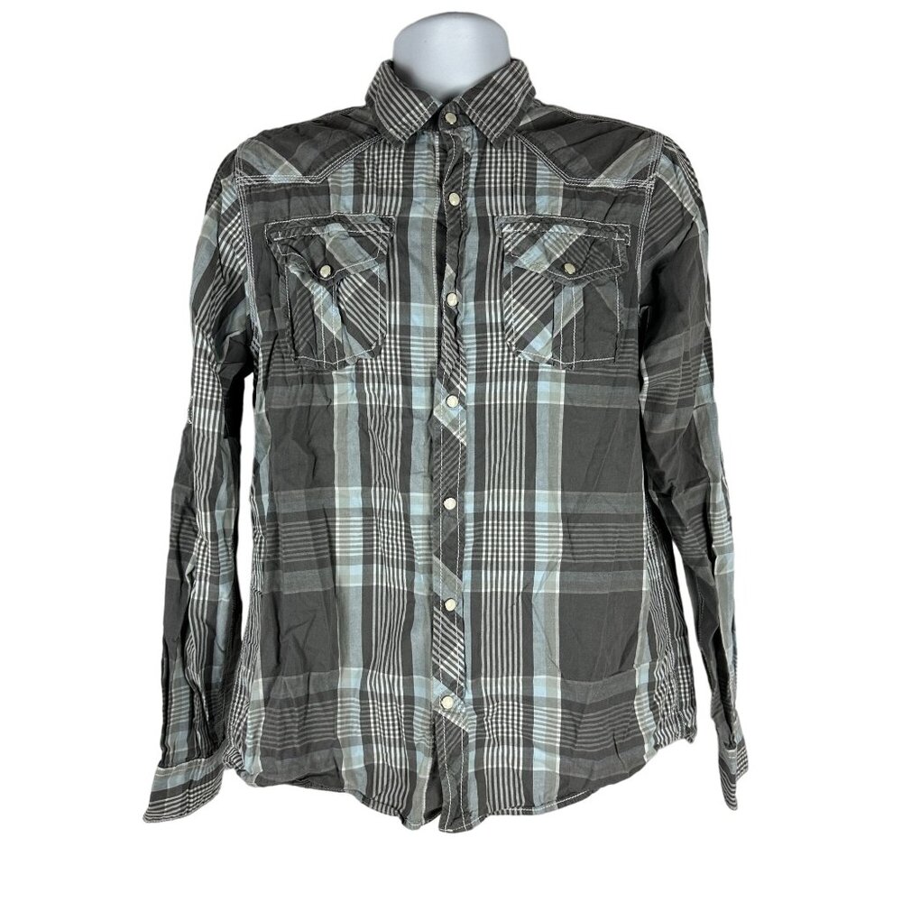 GPH Supply Company Plaid Button-Down Shirt Long Sleeve Men's Medium Gray & Blue